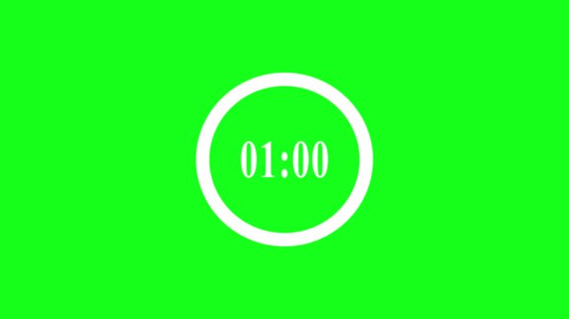 A clean and modern one minute countdown timer animation with a white circular progress bar and digital numbers displayed on a vibrant green background, perfect for intros and transitions.	