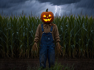 A spooky scarecrow with a glowing jack o lantern head stands ominously in a dark cornfield under a stormy sky with lightning strikes during halloween