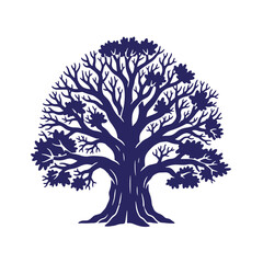 Silhouette of a majestic tree in dark blue color with intricate branches and leaves doodle out line