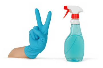 Hand wearing blue rubber glove making peace sign next to transparent spray bottle with blue sanitizer liquid
