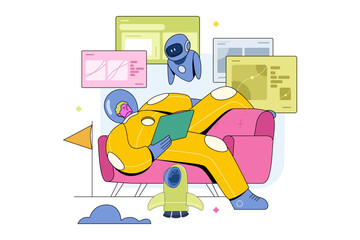 Astronaut Working with AI Robot Assistant Vector