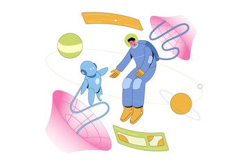 AI Robot and Astronaut Exploring Space Vector