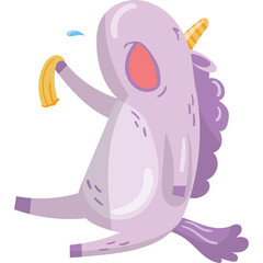 Pixel Art Purple Unicorn Character Holding a Banana with a Blue Swirl of Smoke Above its Head Isolated on a Transparent Background