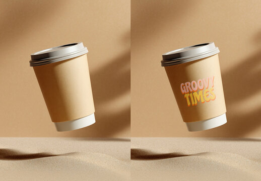 Floating Coffee Cups Mockup With Typography PSD