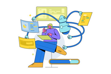 Multitasking Human with AI Robot Assistant Vector
