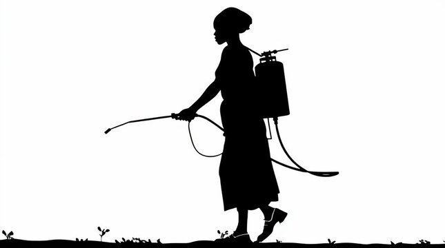 labourer woman from rwanda, turned around walking away, with pesticide tank on her back, spraying fertilizer, with both hands, extended out to hold the pipe to the right, in the style of vector art, 