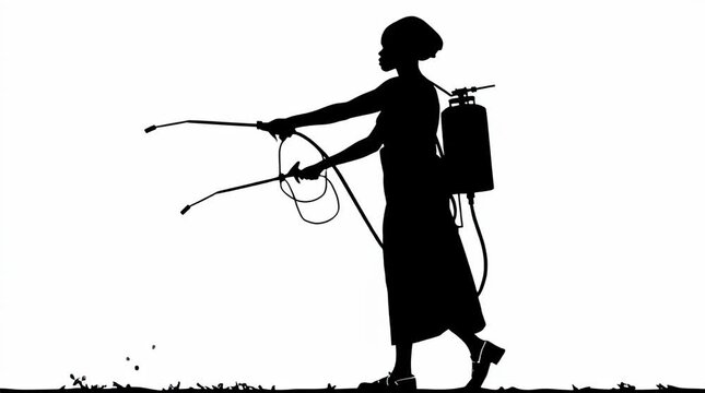 labourer woman from rwanda, turned around walking away, with pesticide tank on her back, spraying fertilizer, with both hands, extended out to hold the pipe to the right, in the style of vector art, 