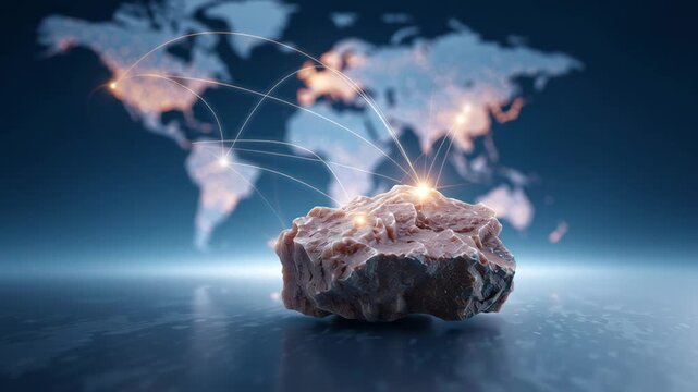 A metallic rare earth mineral positioned in front of a global network map glowing with connection lines, symbolizing worldwide supply chain integration.