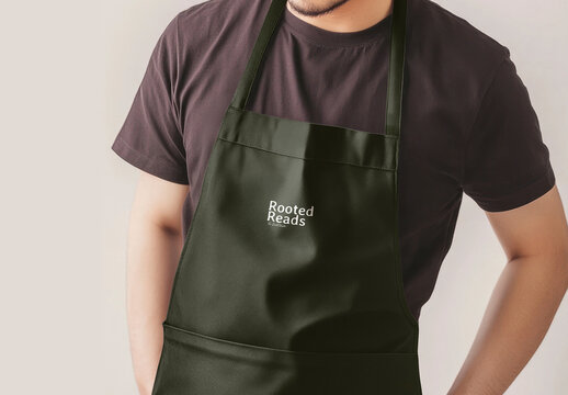 Person Wearing Dark Apron Mockup PSD