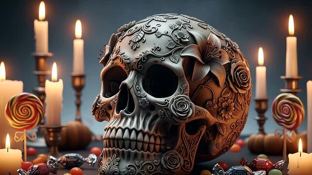 Ornate skull surrounded by candles and colorful candies on a dark, atmospheric table setting