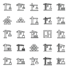 Collection of construction icons, depicting cranes, bricks, and building plans for various projects.