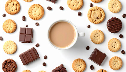 Afternoon Delight: An overhead view of a delicious arrangement of biscuits, chocolate, and coffee creating a captivating still life, evoking comfort and delight.