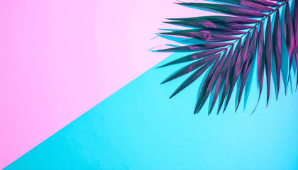 Abstract Tropical Elegance: A palm frond casts an intricate shadow over a vibrant, duotone backdrop of pink and cyan, creating a striking contrast and aesthetic composition.