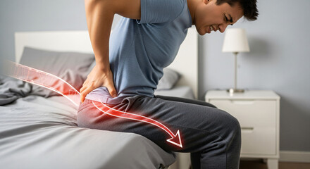 Young Man Grimacing from Acute Sciatica Pain, Illustrated by Red Arrow Showing Nerve Pathway