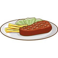 Pixel Art Steak and Fries Meal Served on a White Plate with Green Garnish Minimalist Food Illustration on Transparent Background