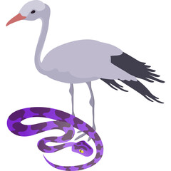 Fototapeta premium Pixel Art Stork Standing Beside a Coiled Purple Snake With Yellow Eyes On White Background