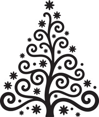 Obraz premium Decorative black and white christmas tree silhouette with swirls and stars festive design transparent background