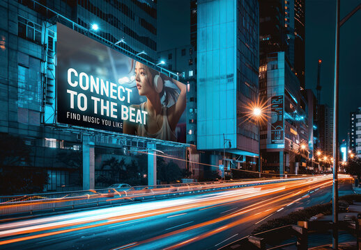 Urban Billboard Night Scene Mockup PSD