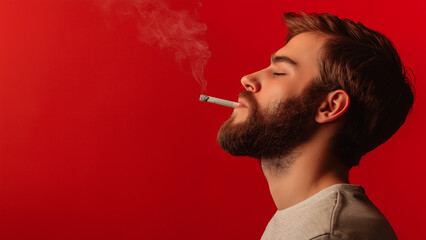 White man smoking a cigarette, copy space