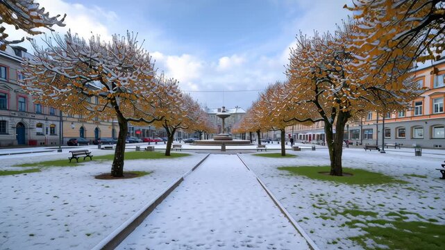 Winter scene with snow-covered park and trees.