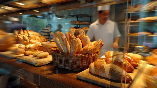 Freshly baked bread in a bustling bakery.