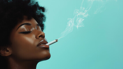 Black woman smoking a cigarette, copy space