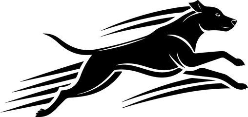A black silhouette of a muscular dog, possibly a pit bull, leaping forward at high speed with stylized motion lines.