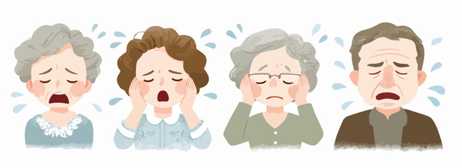 Eine Illustration von vier &auml;lteren Menschen, die Tr&auml;nen vergie&szlig;en und ihre Emotionen in einem Vektor-Design zum Ausdruck bringen.