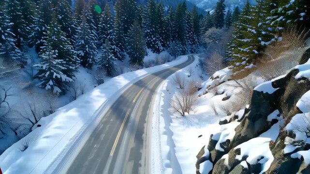 Winding snowy road through scenic mountains.