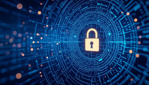 A central padlock illustrates crucial digital security measures on a circuit board, necessary for ultimate data protection from circulating malware