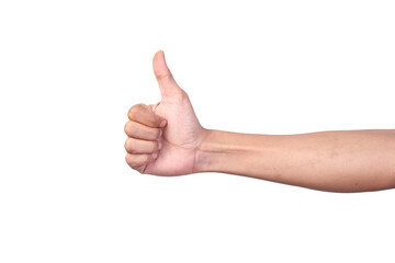 Man's hand showing thumbs up isolated on white background 