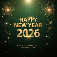 Sparkling golden happy new year 2026 celebration with fireworks and confetti