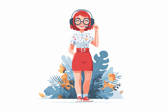 Eine junge Frau mit Headset und Brille steht vor tropischen Pflanzen und Blumen, ein Kundenservice-Konzept.