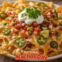 Delicious loaded nachos topped with cheese jalapenos pico de gallo and sour cream