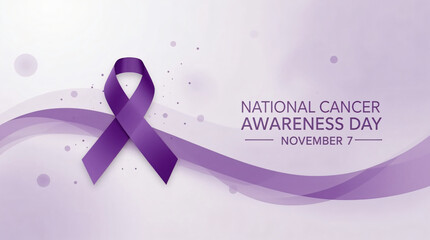Purple ribbon symbolizes national cancer awareness day with flowing wave and subtle bokeh effect