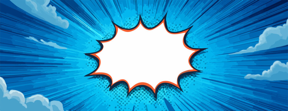 Ein leerer Comic-Sprechblasen-Hintergrund mit dramatischem Himmel und Wolken f&uuml;r Text.