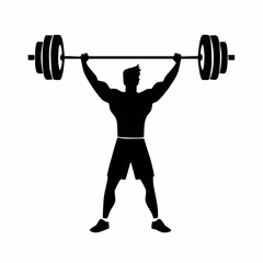 Black and white flat vector silhouette of a weightlifter lifting a barbell, strong and bold composition