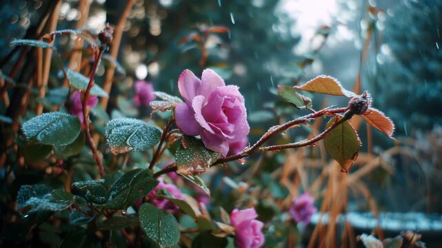 Beautiful pink rose with dew on petals.