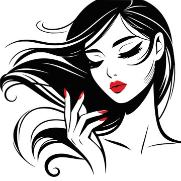 Beautiful sexy face, red lips, hand with red manicure nails, fashion woman, element design, nails studio, curly hairstyle, hair salon sign, icon. Beauty logo, vector. Transparent PNG version.