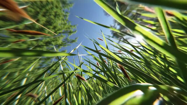 Lush green grass under a bright blue sky.