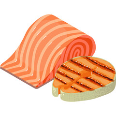 Pixel Art Two Slices of Fresh Salmon One Raw and One Grilled on a Transparent Background