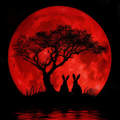 Two Rabbits Under a Tree with a Red Moon, Rabbits Under the Red Moon," "Bunnies Silhouetted by Full Moon," "Romantic Moonlit Rabbits," "Two Rabbits and a Red Moon," "Silhouette of Rabbits Under the Mo
