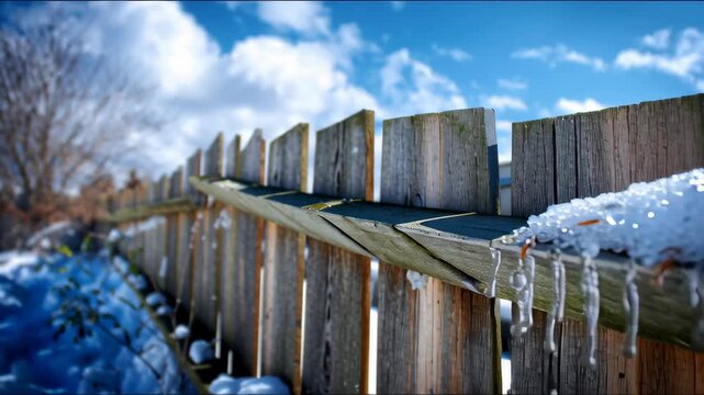 Melting snow drips from a wooden fence.
