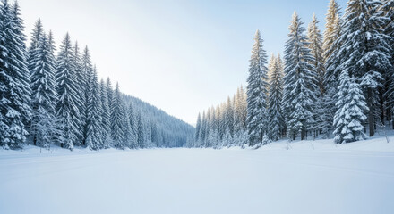 Obraz premium Snow Covered Evergreen Forest in Winter Morning.