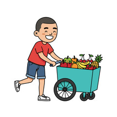 A cartoon boy is smiling, riding a bike with a basket and holding groceries from shopping