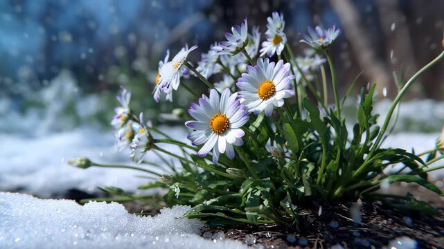 Daisies blooming in a snowy landscape.