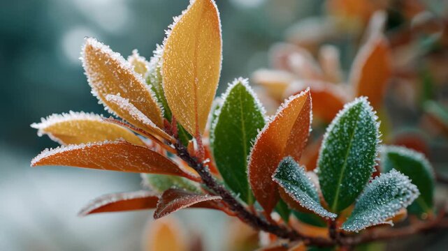 Frost-covered leaves in a winter landscape.