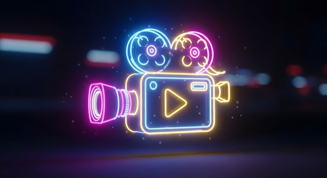 A vibrant neon sign of a retro movie camera glowing with pink, blue, and yellow lights against a dark, blurry background. - Powered by Adobe