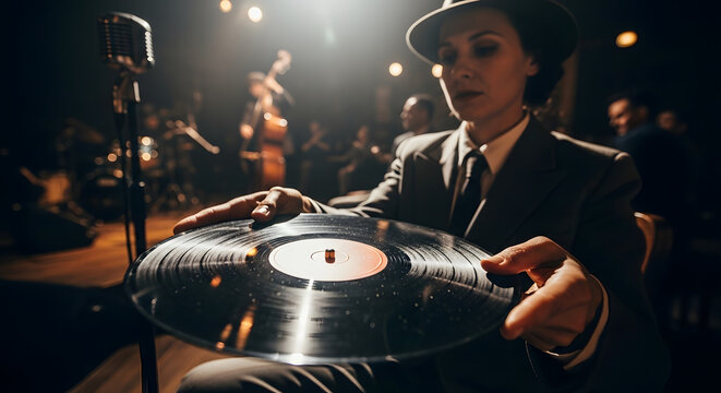 A woman in a fedora and suit holds a vinyl record in a dimly lit jazz club with a band playing in the background.