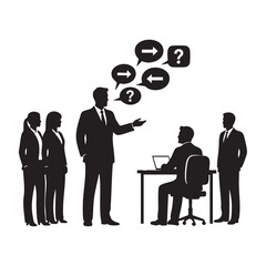 Business Team Meeting Discussing Ideas with Speech Bubbles and Question Marks Collaboration and Problem-Solving Silhouette Vector Illustration
